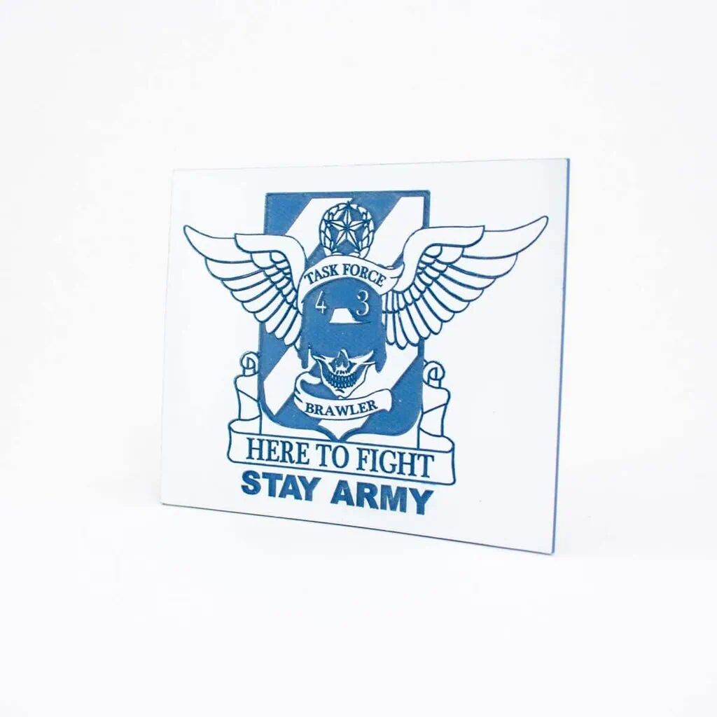 Laser engraving of a plastic sign for military