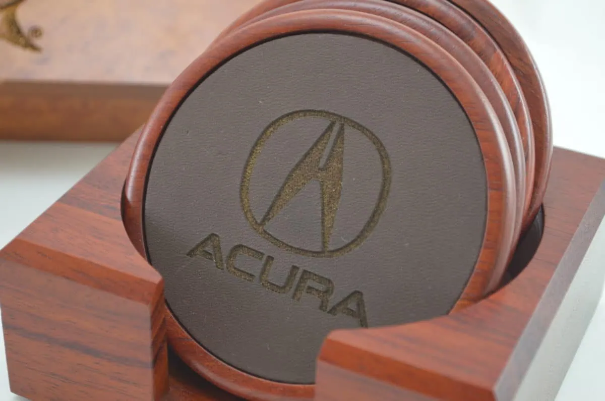 Executive Drink Coasters laser engraved for promotional products suppliers and distributors by Accubeam laser Marking in Florida.