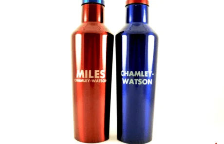 Customized red and blue Corkcicle bottles with laser engraving